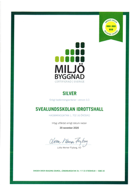 Certifikat för fastigheten Svealundsskolan Idrottshall. Underskrivet av Lotta Werner Flyborg, VD på Miljöbyggnad, den 20 november 2020.